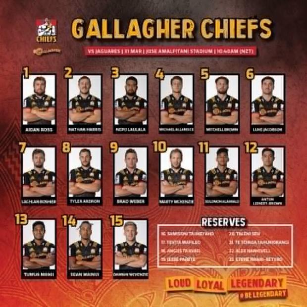 Chiefs team to play Jaguares 30-3-2019