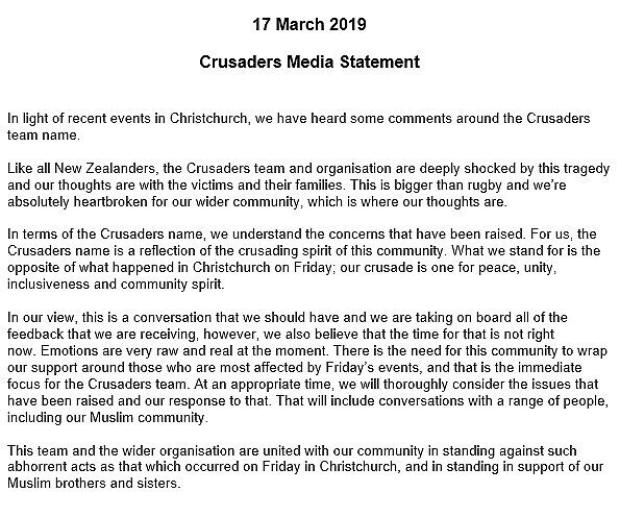 Crusaders statement on name controversy