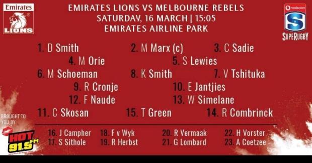 Lions team to face Rebels (Super Rugby)