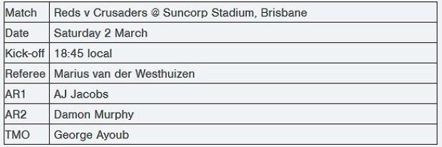 Reds v Crusaders match officials