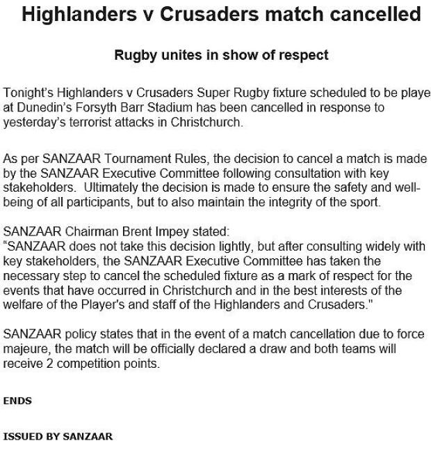 SANZAAR media release on Highlanders v Crusaders match
