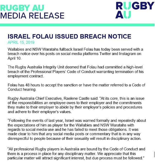 Rugby Australia statement on Israel Folau