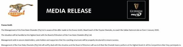 Cheetahs statement on Franco Smith