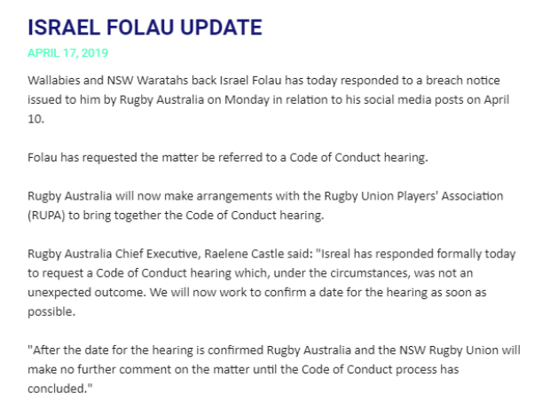 Israel Folau update April 17