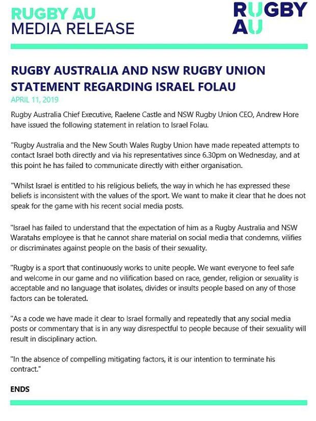 Rugby Australia to terminate Folau's contract
