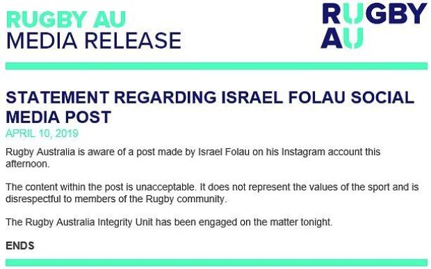 Rugby Australia statement