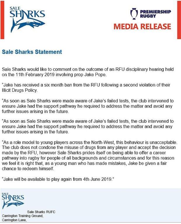 Sale-Sharks-statement-on-drug-ban
