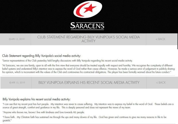 Saracens & Vunipola statements