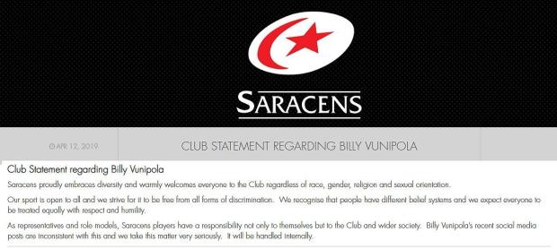 Saracens statement on Vunipola