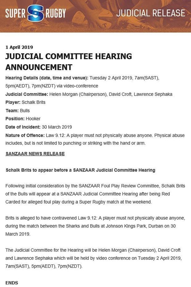 Schalk Brits hearing media release