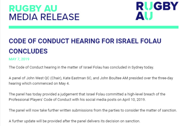 Folau update May 7 2019