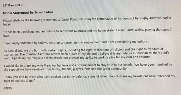 Israel Folau statement after his axing