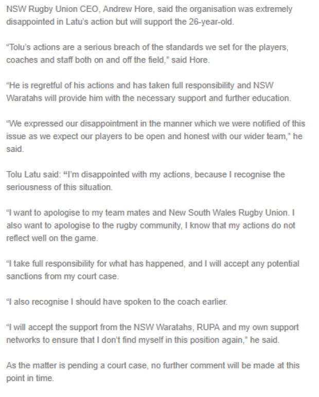 'Disappointed' Latu stood down by Waratahs