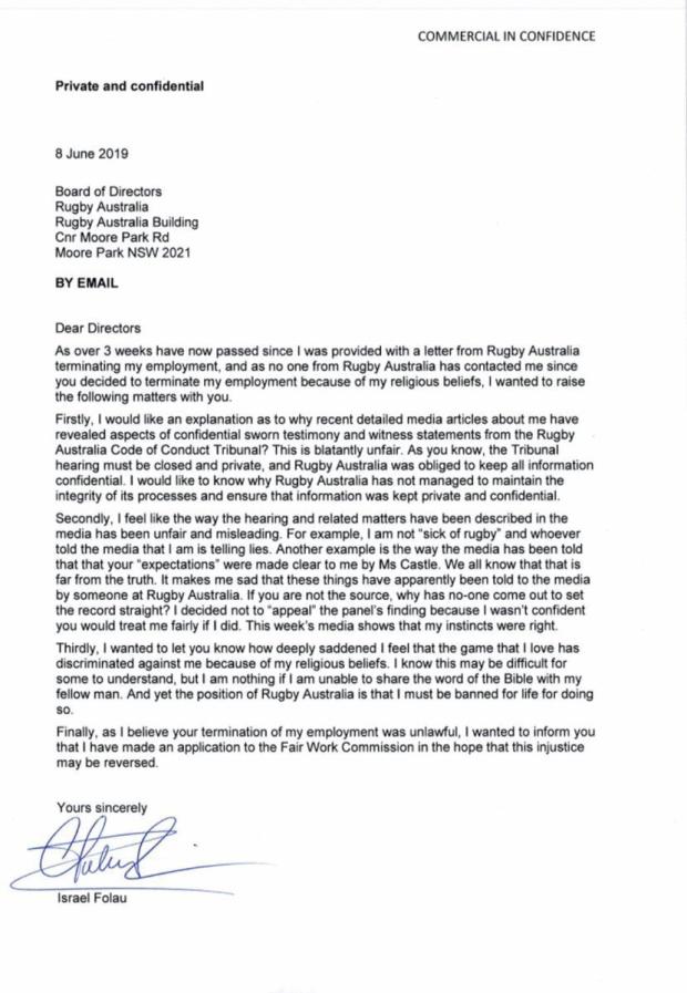 Israel Folau letter