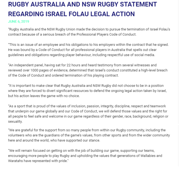 Rugby Australia, NSW respond to Folau's legal action