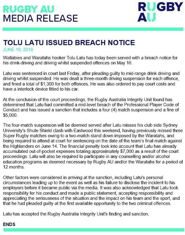 Rugby Australia statement