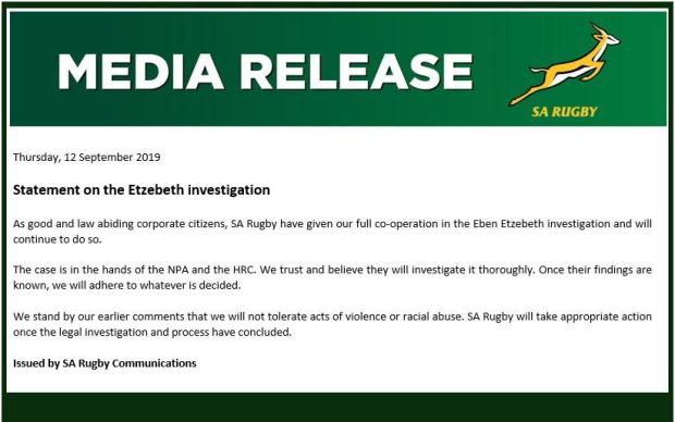 SAR SA Rugby statement