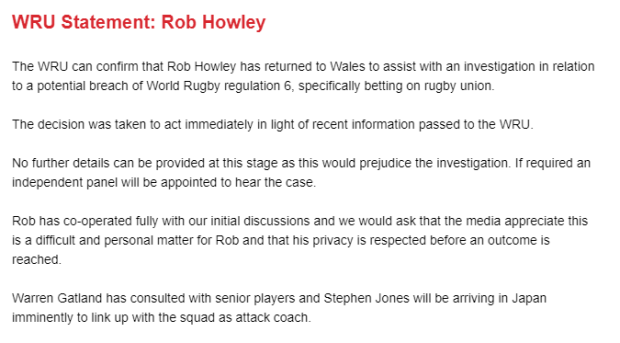 Wales team shocked by Howley's RWC ban