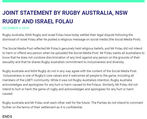 RA and Folau joint statement DEC 2019