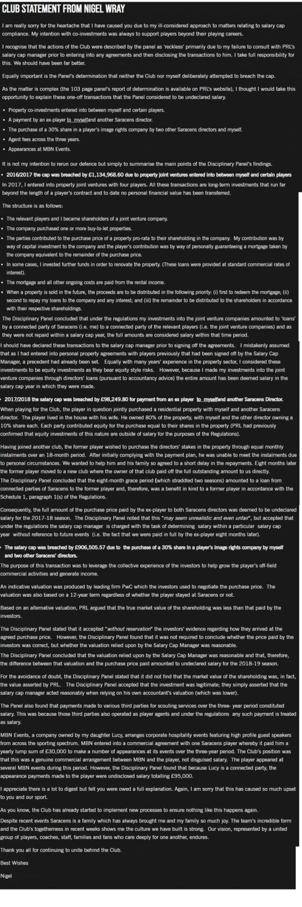 Nigel Wray statement