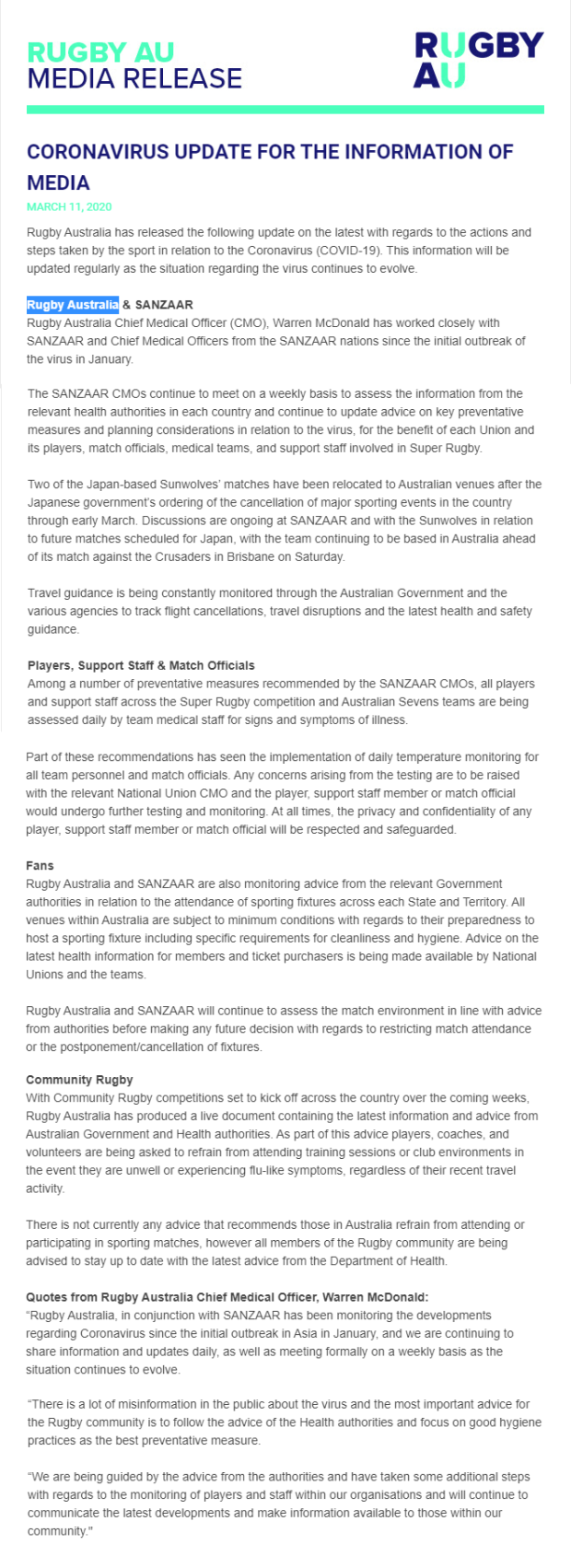 Rugby Australia Coronovirus update