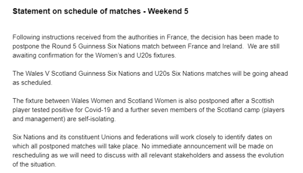 CORONAVIRUS: Another Six Nations match postponed