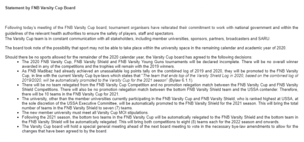 Varsity Cup update