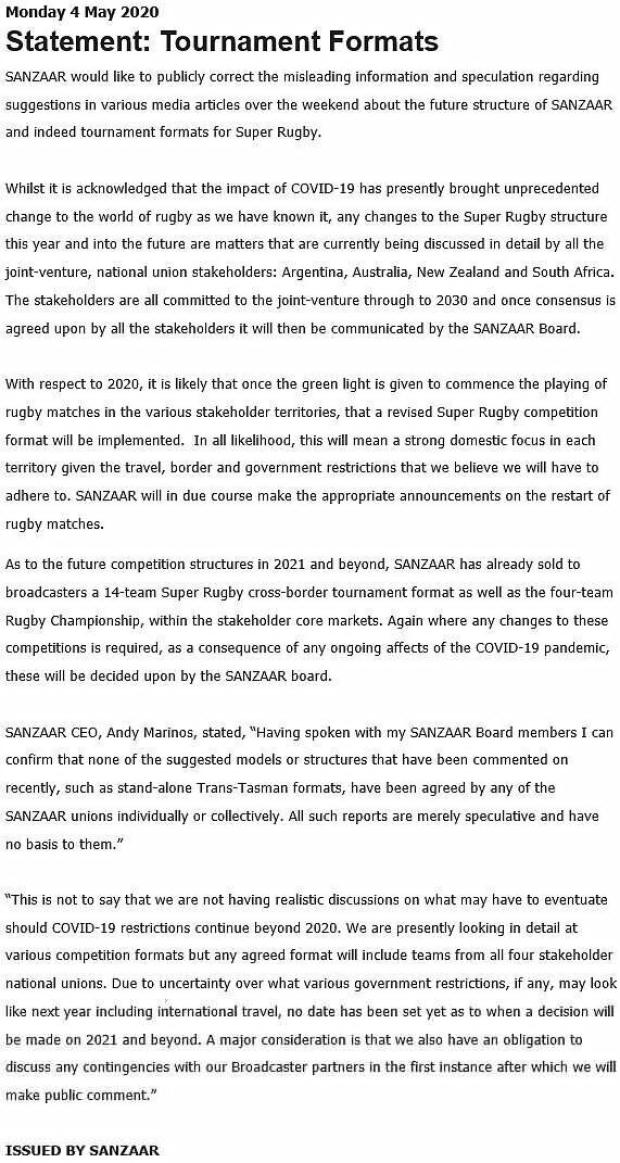 SANZAAR statement