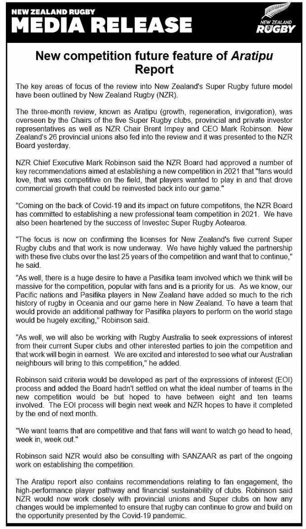 New Zealand Rugby statement