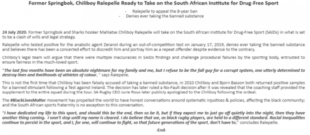 Huge accusations in the Ralepelle doping saga