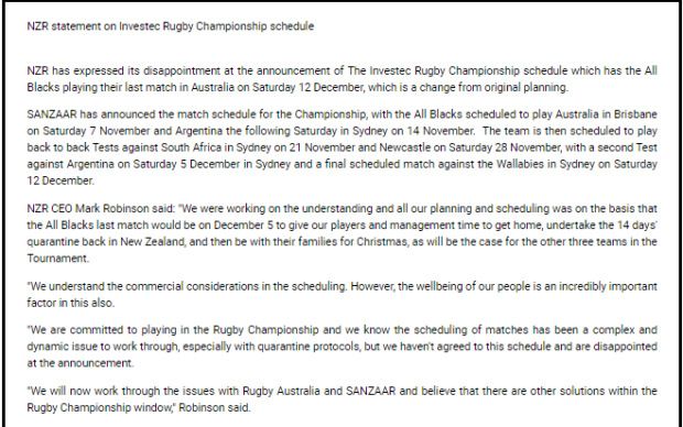 NZ statement on Rugby Championship schedule