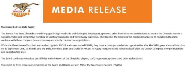 Cheetahs statement