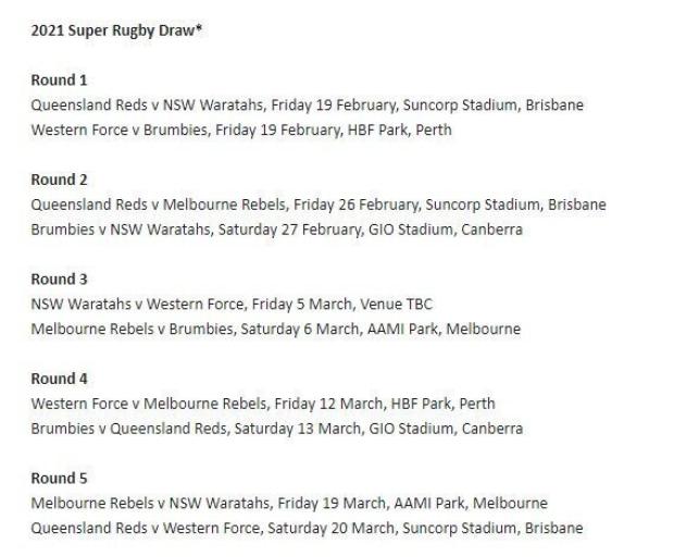 Super Rugby AU 2021 schedule revealed