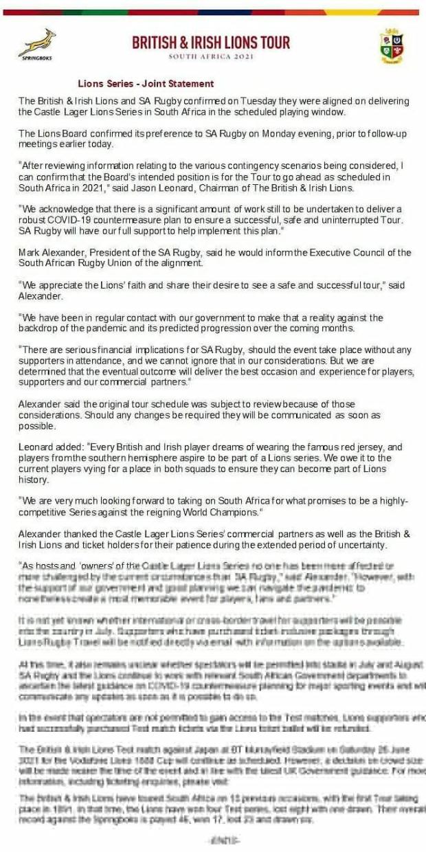 CONFIRMED: B&I Lions heading to SA