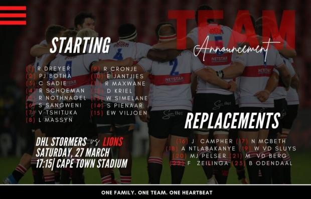 Lions team to face Stormers
