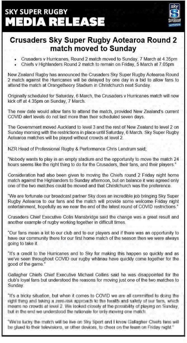 New Zealand Rugby statement