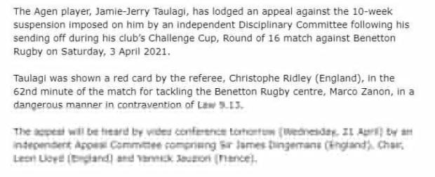 Taulagi to challenge 10-week ban