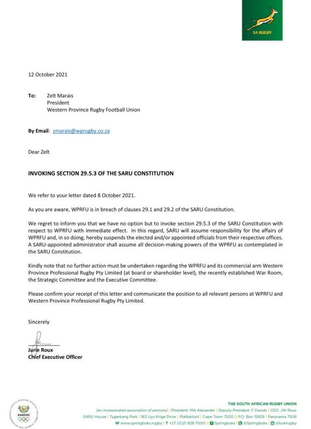 Jurie Roux letter to Zelt Marais