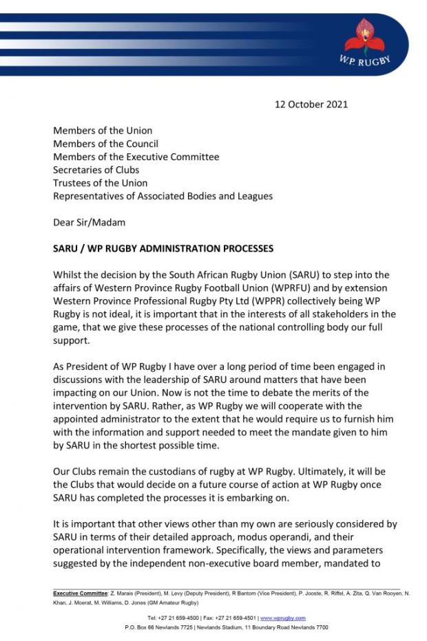 Zelt asks SARU to 'engage' with WPRFU StratCom