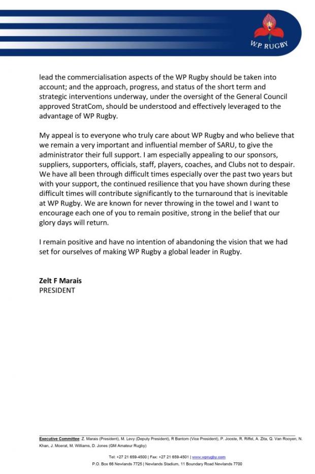 Zelt asks SARU to 'engage' with WPRFU StratCom