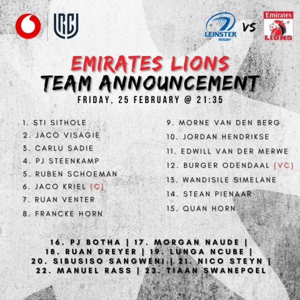 Lions team to face Leinster