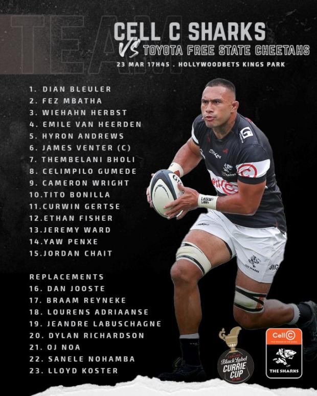 Sharks shake up backline for Cheetahs