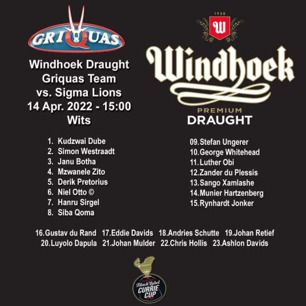 Griquas team to face Lions 14-4-2022