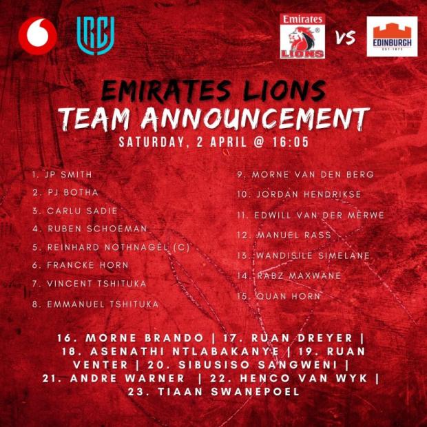Lions team to face Edinburgh