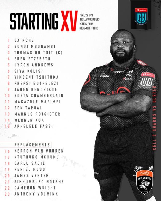 Sharks team to face Ulster