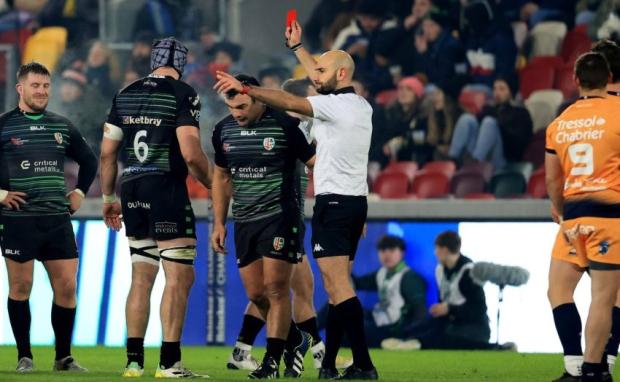 Agustin Creevy is shown a red card by referee, Andrea Piardi