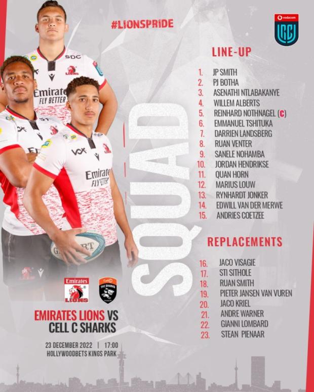 Lions team to face Sharks - URC
