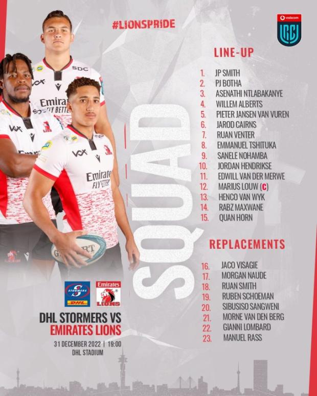 Lions team to play Stormers