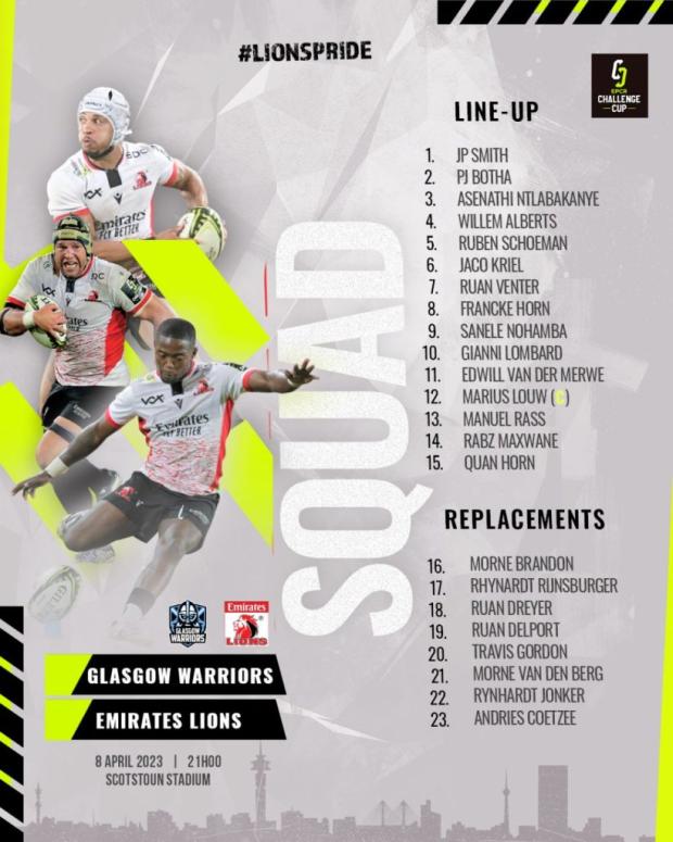 Lions team to face Glasgow - Challenge Cup quarterfinal