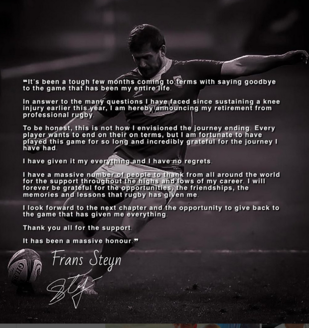 Francois Steyn (@frans_steyn) Instagram statement